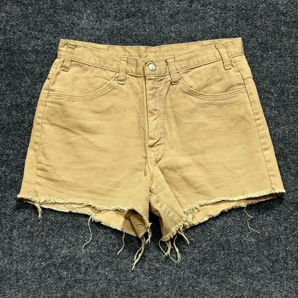 Vintage Denim Shorts Womens 30 Beige High Rise Cut Off Frayed Raw Hem 90s